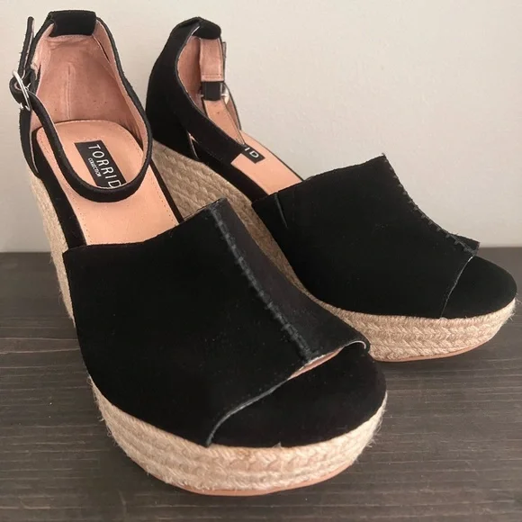 Torrid 8.5 W Wide Sexy Black Platform Espadrille Suede Wedge 4" Heel Shoes - Picture 4 of 6